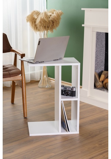 Raflı Yan Sehpa Koltuk Sehpası C Sehpa Zigon Sehpa Servis Sehpası Beyaz