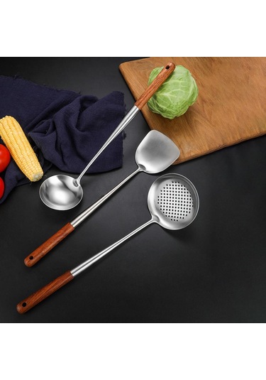 Homyl Paslanmaz Çelik Wok Spatula Kepçe Skimmer Alet Seti Gümüş GÜmüş