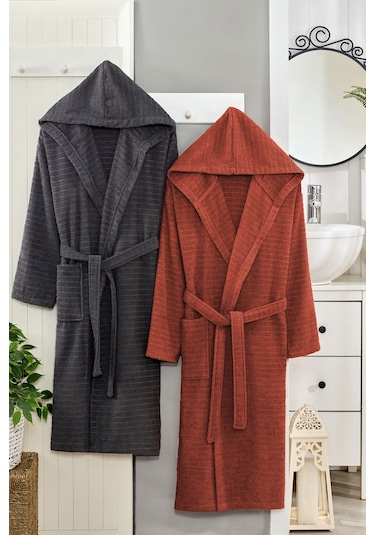 2 Li Kapşonlu Unisex Banyo Bornozu Seti %100 Soft Pamuklu Antasit-kiremit