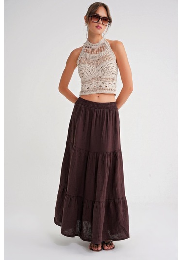 4567 Kadın Fırfırlı Uzun Müslin Etek Kahve Kahve