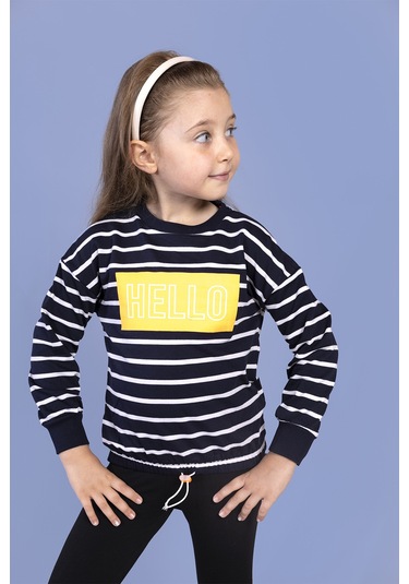 Toontoy Kız Çocuk Çizgi Desenli Baskılı Sweatshirt Lacivert