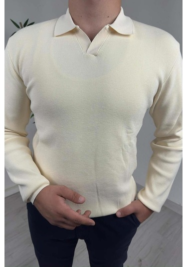 Explode - Erkek Ekru Polo Yaka Regular Triko Kazak Ekru