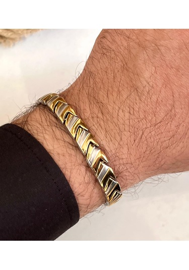 Trend Model Sade Şık Çelik Paslanmaz Erkek Bileklik 21 Cm Altın - Gümüş