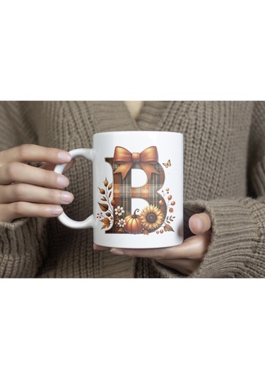 B Harfi Ekose Ve Sonbahar Temalı Kupa Bardak - Kişiye Özel Sıcak Tonlar Alfabe Kupa - Hediye Beyaz