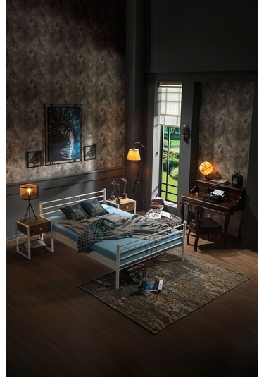 Manyas Çift Kişilik Ferforje Metal Karyola-beyaz Ahşap Latalı