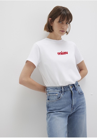 Mavi - Kırmızı Miav Baskılı Beyaz Tişört 1610622-86417 Beyaz