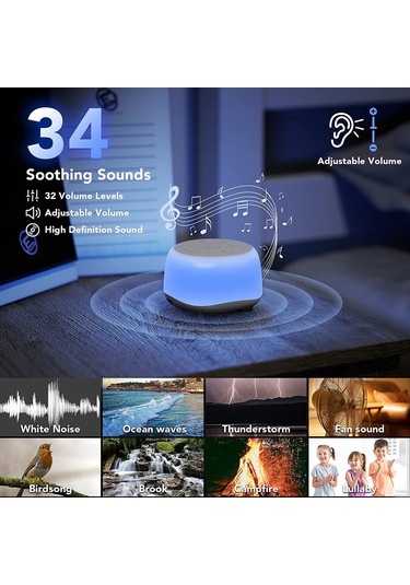 Neevoyu Bebek Uyku Uyandırıcı: 34 Sessizletici Ses, 7 Renkli Gece Lambası, 3 Seviye Zamanlayıcı, Usb Şarj Edilebilir Pil Beyaz Beyaz