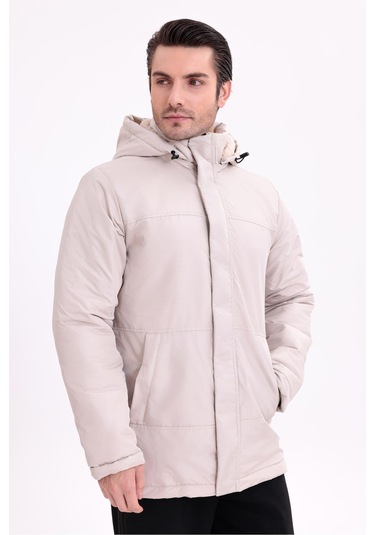 Erkek İçi Kürklü Çıkma Kapüşon Su Ve Rüzgar Geçirmez Kapüşonlu Kışlık Mont & Kaban & Parka Taş