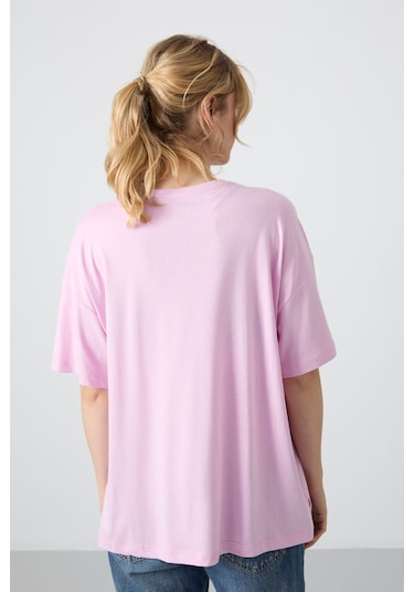 Tommy Life Pembe Penye Modal Yumuşak Tuşeli Oversize Fit Basic Kadın T-shirt- 97285 Pembe
