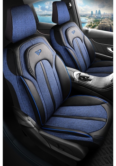 Mavi - Siyah Panda Sevılla Serısı Keten Kumaş Oto Koltuk Kılıfı - Tam Set