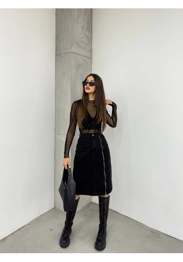 Shevega Kadın Siyah Ön Fermuar Detayli Kot Etek Siyah