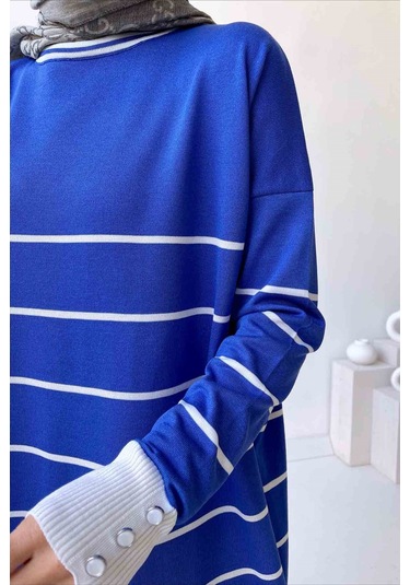 Bisiklet Yaka Çizgili Merserize Tunik - İndigo