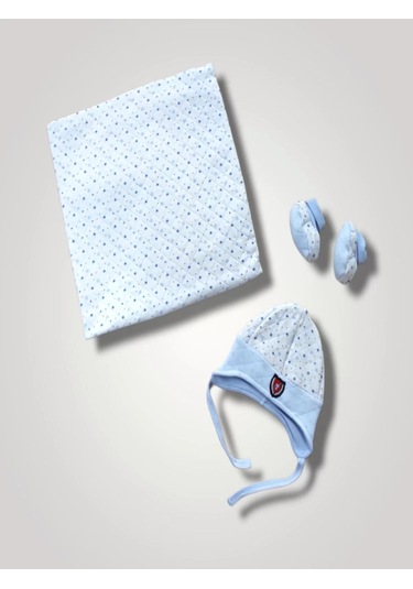 Yenidoğan Baskılı Double Face Şapka Ve Patikli 3lü Bebek Battaniye Takımı Mavi Çok Renkli