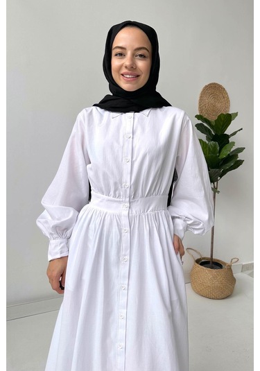 Manşetli Gömlek Elbise - Beyaz