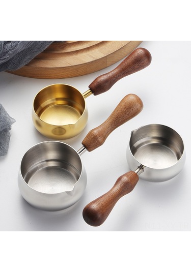 Shineyee 60ml Gümüş Küçük Boy 304 Paslanmaz Çelik Kahve Çekirdek Fincanı, Akışkan Taşıma Ağızlı, Ceviz Ağacı Saplı Sosu/süt Fincanı