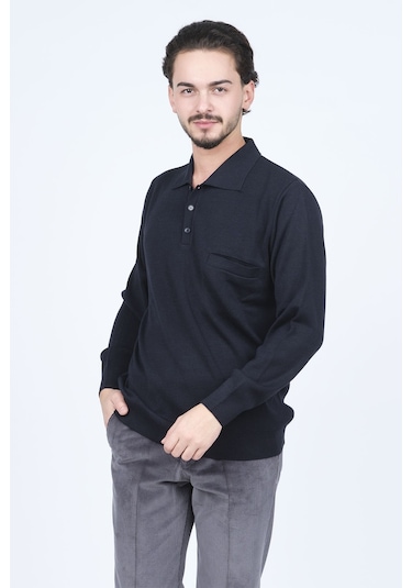 Ateş Triko Erkek Polo Yaka Cep Detaylı Yün Kazak 6091023 Lacivert