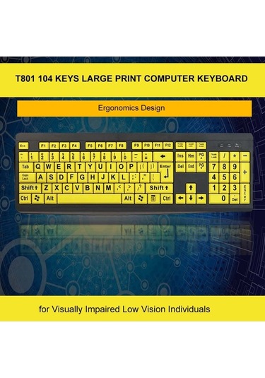 Dancemonkey 10 Sarı Renkli Kablolu Usb Büyük Baskı Klavye, Düşük Görme İçin Yüksek Kontrast, Geniş Kullanıcılar Klavyesi