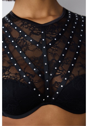 Penti Shinny Lace Dantel Uzun Kollu Siyah Croplet