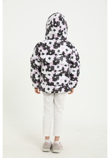 Freemen Kız Çocuk Beyaz Mor Çiçek Desen Polar Su Ve Rüzgar Geçirmez Kapüşonlu Şişme Kışlık Mont Beyaz