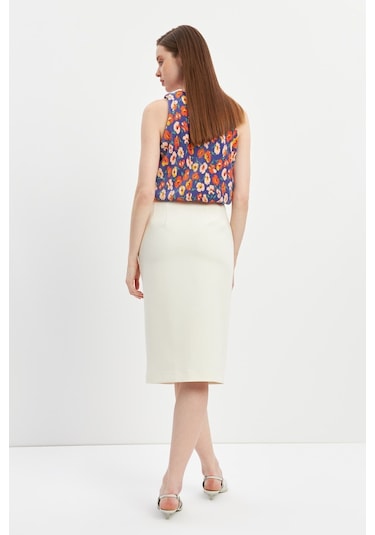 Stella Pulvis Krem Düğme Detaylı Kalem Etek Krem