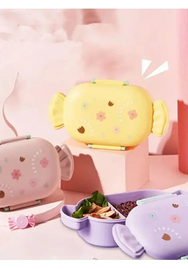 Sevimli Şeker Şekilli Çocuk Beslenme Kutusu Kaşıklı 2 Bölmeli Yemek Saklama Kabı Mor