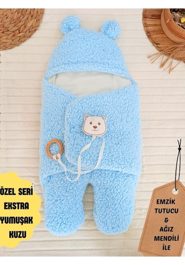 Bebek Dış Kundak Battaniyesi Pelüş Ayaklı Welsoft Uyku Tulumu Kışlık Mont Yenidoğan 0-12 Ay Mavi