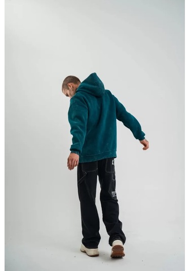 Unisex Uzun Kol Kapşonlu Yıkamalı Nakışlı Sweatshirt - Koyu Deniz Yeşili Anrasit