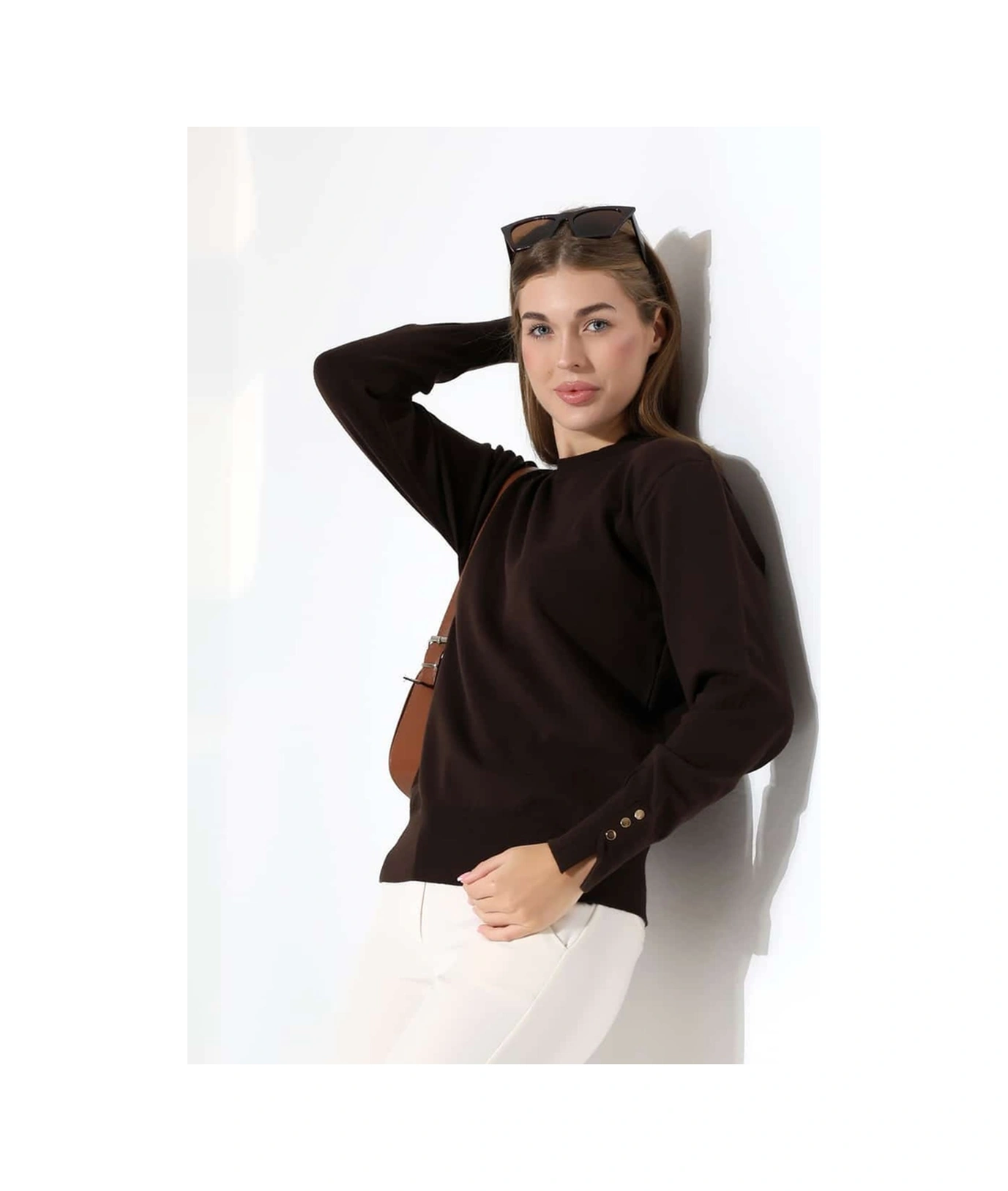 Gündelik Şıklık Kol Düğme Detay Triko Kazak Kahverengi