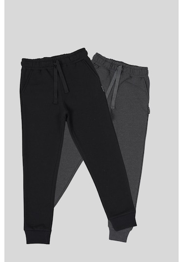 Mmetalic Siyah-antrasit Kalın Pamuklu Beli Ve Paçası Lastikli Cepli 2'li Kız Çocuk Eşofman Altı 001