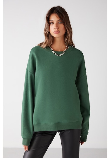 Vaneltına Kadın Içi Polarlı 3 Iplik Organik Pamuk Oversize Basic Bisiklet Yaka Yeşil Sweatshirt