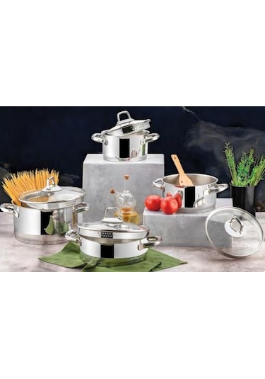 Evimsaray Tencere Seti Paslanmaz Çelik 8 Parça Gloria Gri