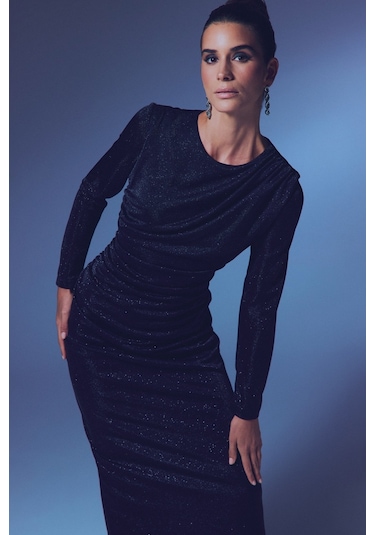 Simli Midi Elbise - Siyah-135359 Siyah