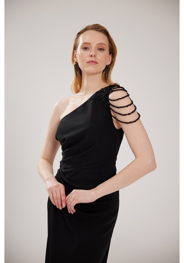 Doridorca Kadın Büyük Beden Tek Omuz Ve Omzu Taş Detaylı Uzun Abiye Elbise 6053 Siyah