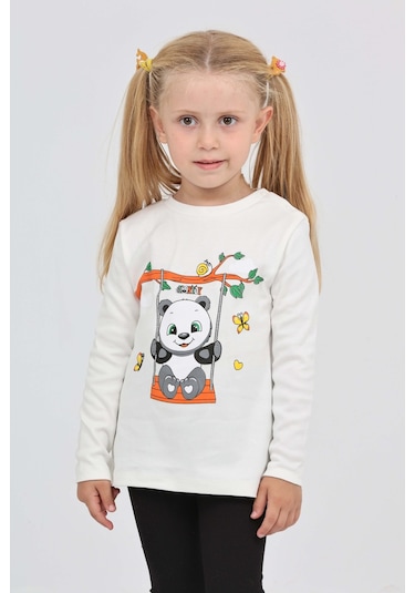 Toontoy Kız Çocuk Sallanan Panda Baskılı Sweatshirt Ekru