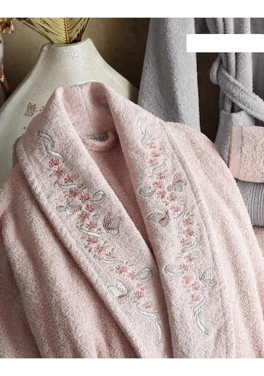 Dantela Premium Soft Nakışlı Aile Bornoz Seti-Yade Pudra Gri Gri - Pudra