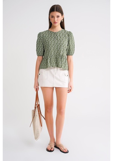 4688 Kadın Balon Kol Çiçek Desenli Peplum Bluz Haki Haki
