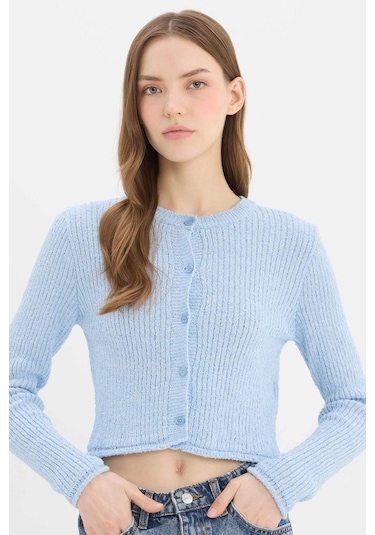 DeFacto Slim Fit Dar Kesim Bisiklet Yaka Düğmeli Triko Hırka E4613AX25SPBE696 Mavi