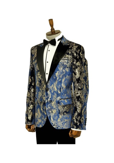 Wessi Dik Yaka Slim Fit Altın Desenli Lacivert Erkek Balo Ceket - Wessi Lacivert