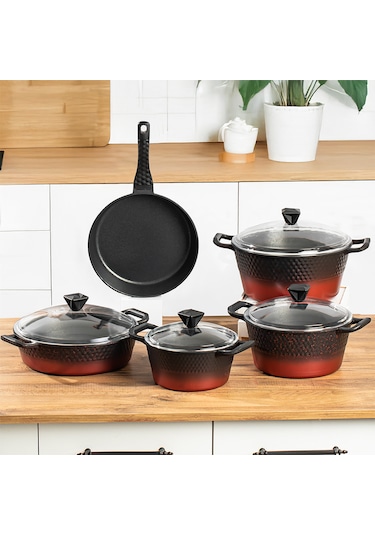 Lines L-5087 9 Parça Titanyum Döküm Tencere Seti Siyah