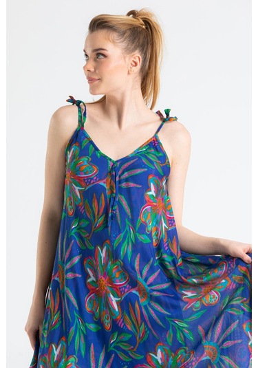 Askılı Vual Afrodit Midi Boy Elbise Saks 6192 - Kadın