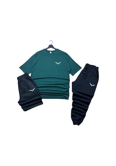 3'lü Unisex Tshirt-şort-eşofman Kombin Yeşil-siyah Kanat Baskı Yeşil