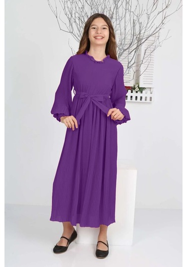 Kız Çocuk Uzun Boydan Pliseli Şifon Elbise Mor