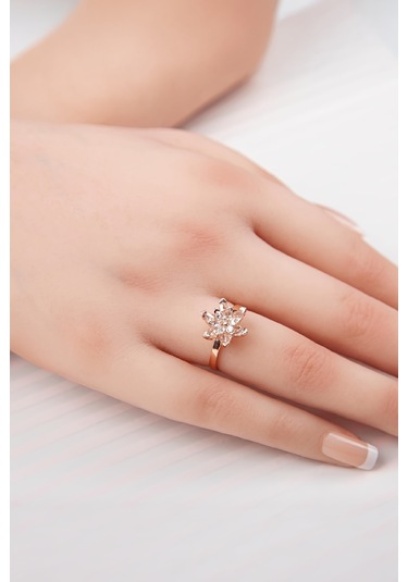 Beyaz Zirkon Taşlı Rose Renk Ayarlanabilir Lotus Gümüş Bayan Yüzük -7902