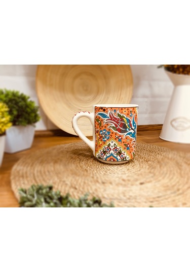 El Yapımı Seramik Kupa Organik Boya Lale Figürü Turuncu