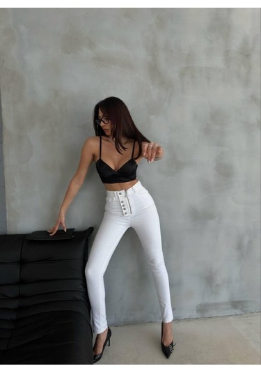 The İstanbul Düğme Ve Fermuarlı Kot Pantolon - Beyaz Beyaz