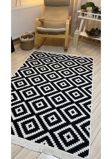 Kilim Çift Taraflı Pamuklu Dokuma Modern Kilim Siyah Beyaz Kilim