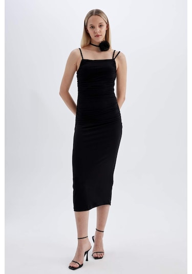 DeFacto Bodycon Askılı Midi Elbise C8948AX24SMBK81