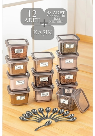 Meleni Home 12'li Set Pino Baharatlık - Etiketli Kare Baharat Saklama Kabı Seti Antrasit 12 X 0.50 Lt Kaşıklı Antrasit