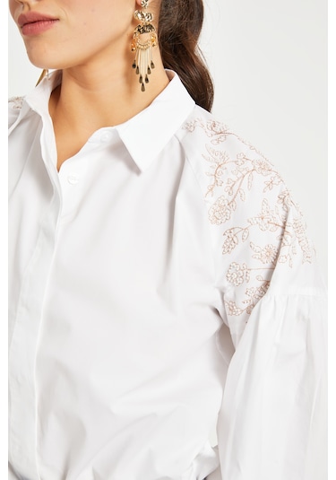 Kadın Nakış Detaylı Pamuk Gömlek Düğmeli, Uzun Kollu, %100 Cotton Beyaz