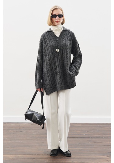 Yakalı Saç Örgü Kazak Antrasit Antrasit